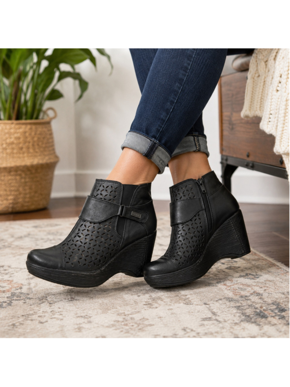 JBU by Jambu Black Ankle Boots Size 8M Laser Cut Wedge Heel Buckle
